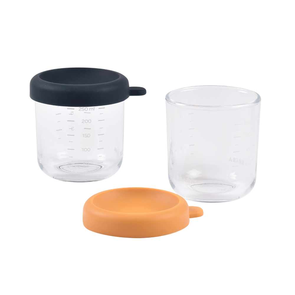 Beaba Glass Storage Container - Airtight Jar for Storing Baby Snacks and Meals with Graduation Measuring Scale, Heat, Freeze, Sterilization, and Microwave Safe, 250ML, Set of 2