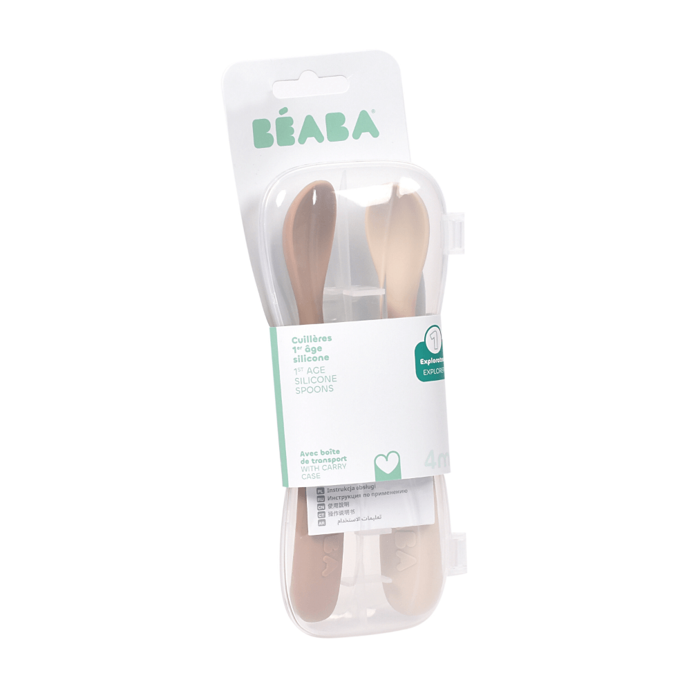 Beaba 1st Stage Soft Silicone Spoon - Set of 2, Baby Led Weaning Self Feeding Training Spoon with Ultra Soft Tip, Gum Friendly, Ergonomic Handles, Easy to clean, BPA Free, 4m+