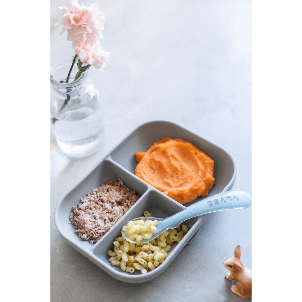 Beaba Silicone 2 Piece Meal Set – Suction Divided Plate & 2nd Stage Silicone Spoon, Non-Slip, Unbreakable, Easy to Clean, BPA-Free Baby Feeding Set for Mess-Free Mealtime Essentials, 4M+