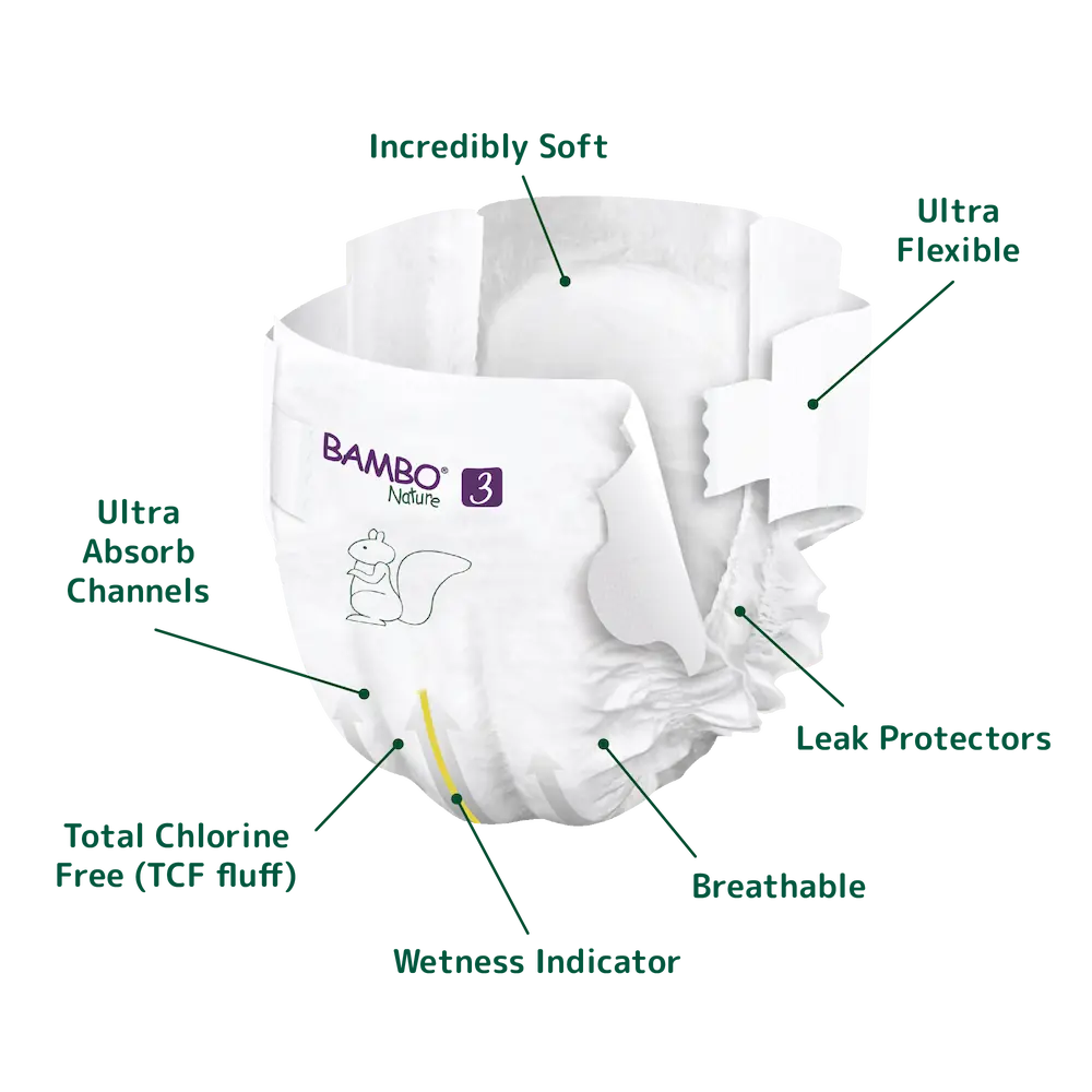 Bambo Nature Premium Baby Tape Diapers for Babies, Medium Size (4-8 Kgs), Super Absorbent, Breathable, Extra Soft, Dermatologically Tested, Hypoallergenic Infant Nappies With Wetness Indicator