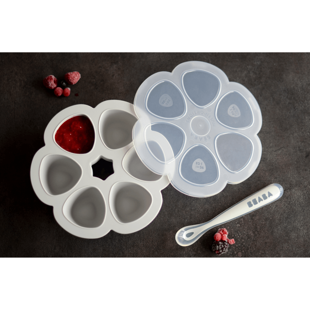 Beaba Silicone Multiportion Tray with Airtight Lid for Baby Food Storage - Ideal Container for Storing Snacks & Baby Meals, Easy Grip, Freezer & Microwave Safe, 6 Servings of 90ml Each