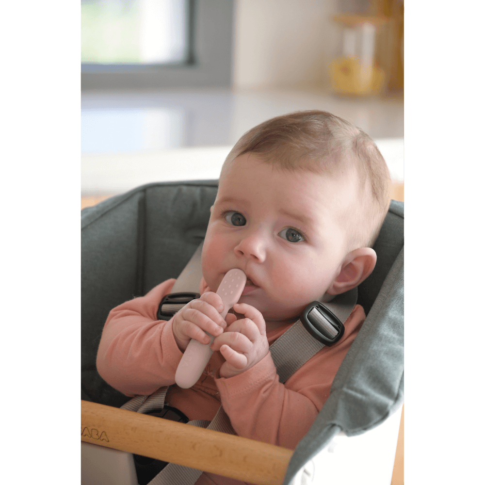 Beaba Set of 2 Silicone Pre-Feeding Spoons for Baby and Infants - Textured Tip + Flat Tip, Gentle on Gums, Short and Round Ergonomic Handle, Soft Food Grade Silicone, 4m+