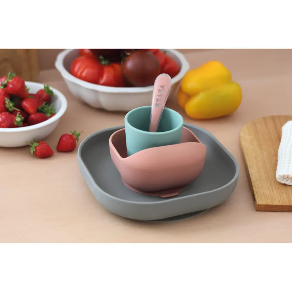 Beaba Silicone 4 Piece Baby Meal Set – Suction Plate, Suction Bowl, Anti-Slip Cup & 2nd Stage Spoon, Non-Slip, Unbreakable, Ergonomic Design, Easy to Clean, BPA-Free Baby Feeding Set for Mess-Free Mealtime Essentials, 4M+