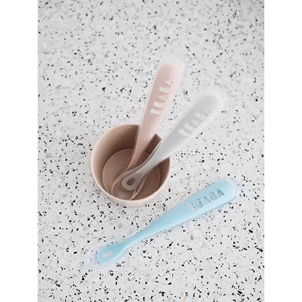 Beaba 1st Stage Silicone Spoon - Set of 4, Baby Led Weaning Self Feeding Training Spoon with Ultra Soft Tip, Gum Friendly, Ergonomic Handles, BPA Free, 4m+
