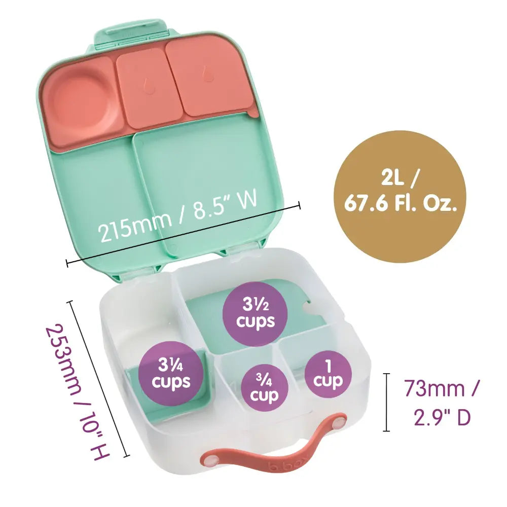 B.Box Kids Lunchbox – 2 Litre, Leak-Proof Bento Style with Gel Cooler Pack, Adjustable Divider & Whole Fruit Compartment – Multicolor