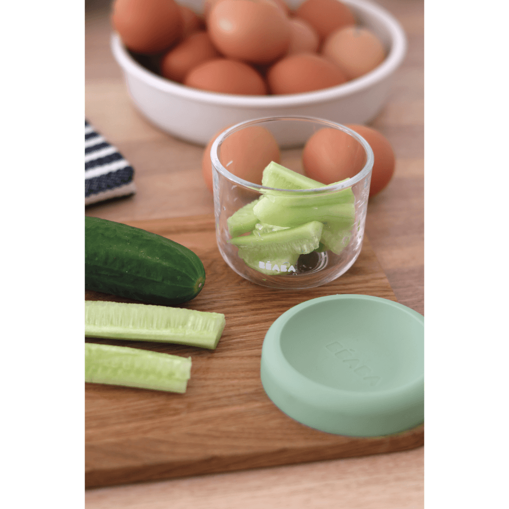 Beaba Glass Storage Container - Ideal Airtight Container for Storing Baby Snacks and Meals with Graduation Measuring Scale, Heat, Freeze, Sterilization, and Microwave Safe, 150ML