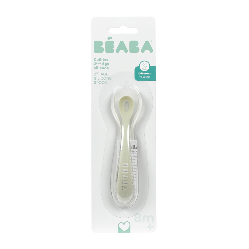 Beaba 2nd Stage Silicone Spoon - Baby Led Weaning Self Feeding Training Spoon with Ultra Soft Tip, Gum Friendly, Ergonomic Handles, BPA Free, 8m+