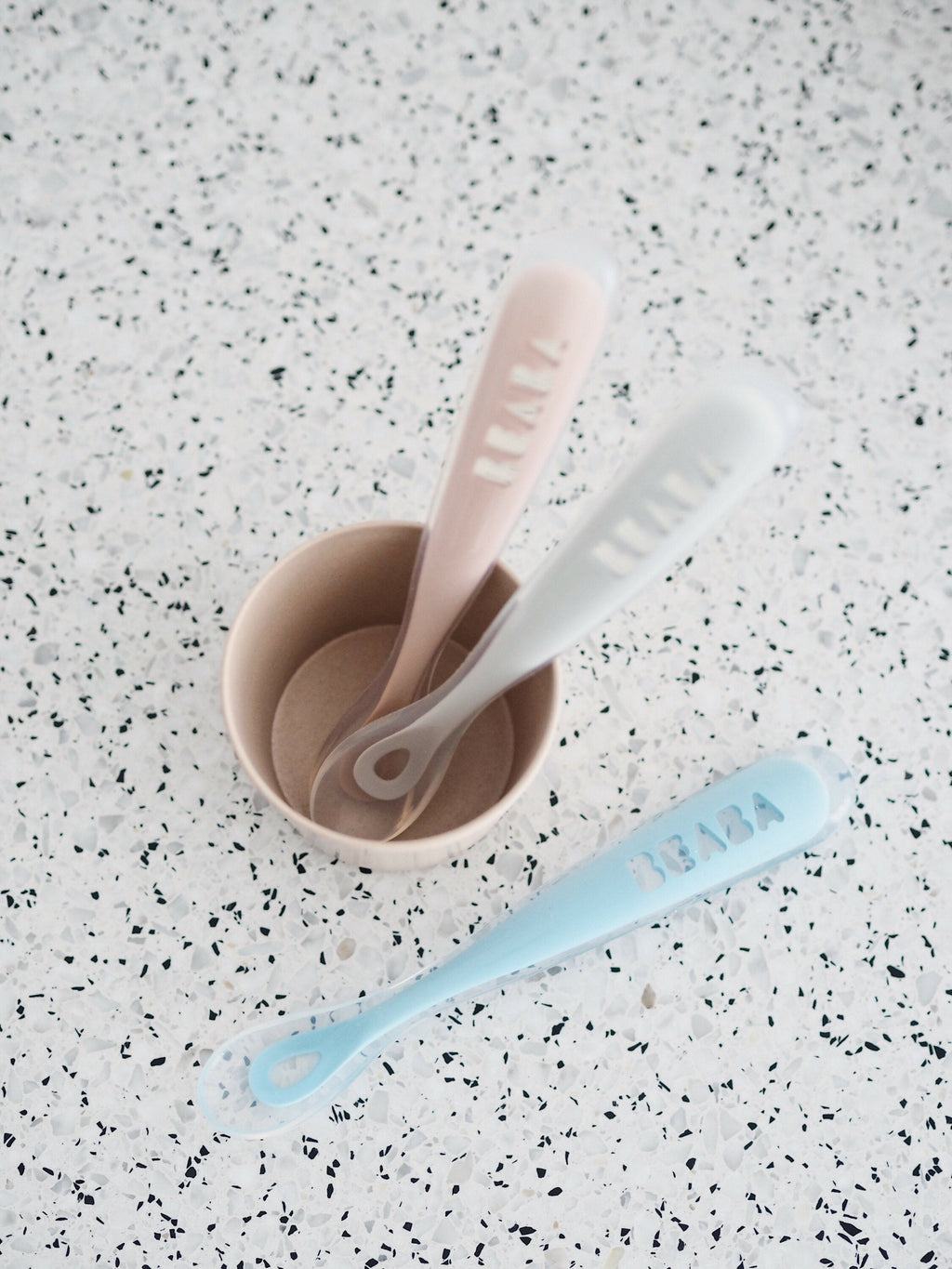Beaba 1st Stage Silicone Spoon - Baby Led Weaning Self Feeding Training Spoon with Ultra Soft Tip, Gum Friendly, Ergonomic Handles, BPA Free, 4m+