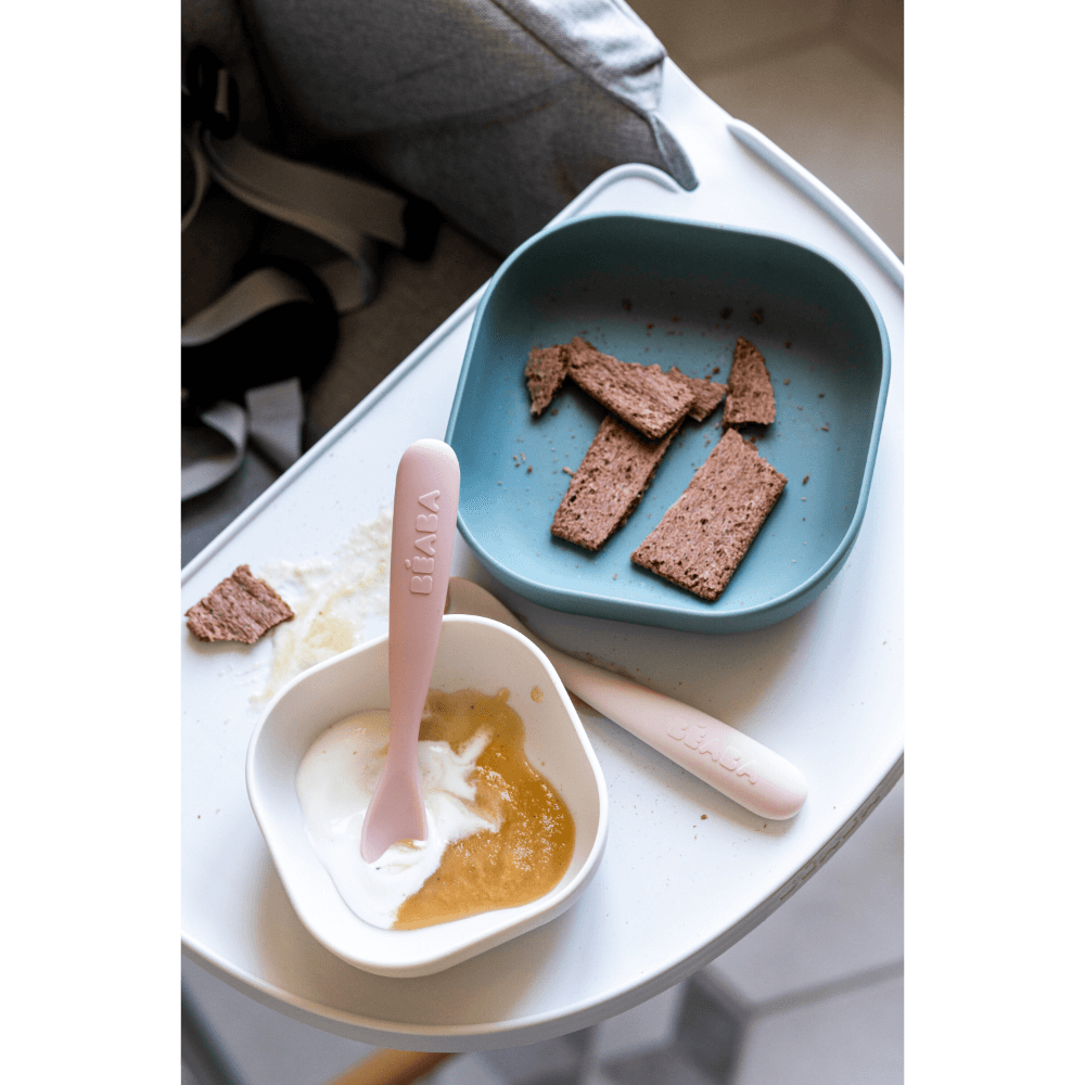 Beaba 1st Stage Soft Silicone Spoon - Set of 2, Baby Led Weaning Self Feeding Training Spoon with Ultra Soft Tip, Gum Friendly, Ergonomic Handles, Easy to clean, BPA Free, 4m+