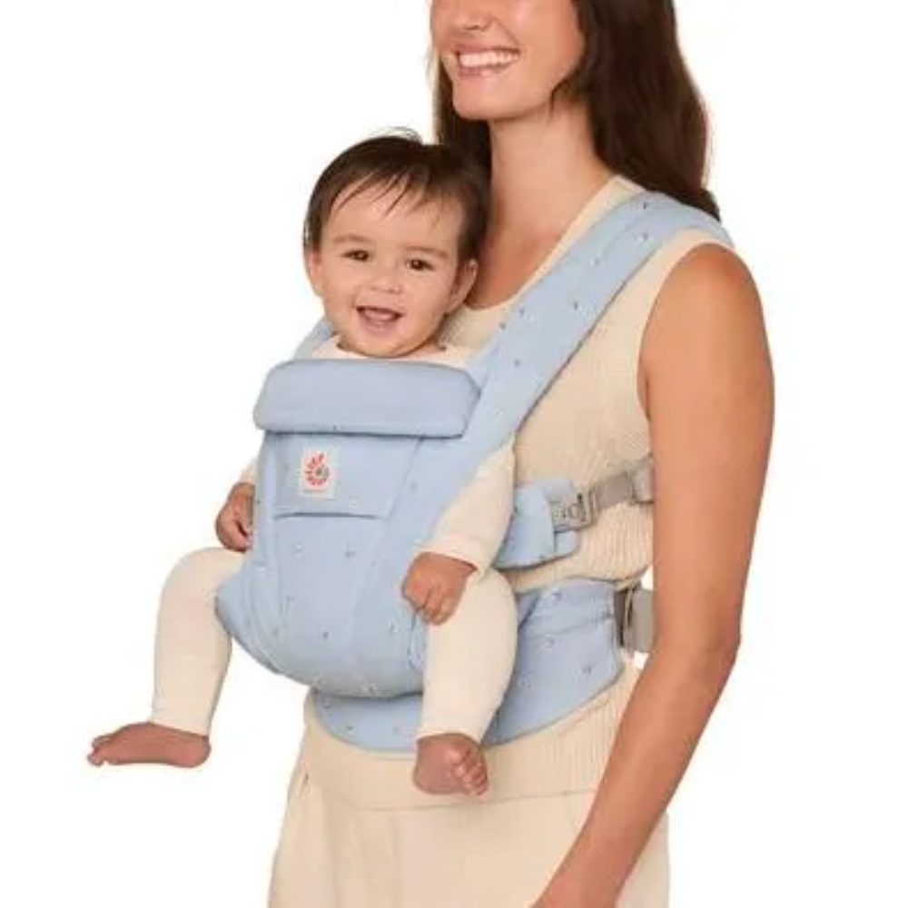Ergobaby Omni Deluxe Baby Carrier – Lightweight, Breathable Cotton, Adjustable Waistbelt, Lumbar Support, 4 Carry Positions, Privacy Hood, 6 Pockets, Newborn to Toddler (3–20 kg, 0–4 Years), Serene Blue Flowers