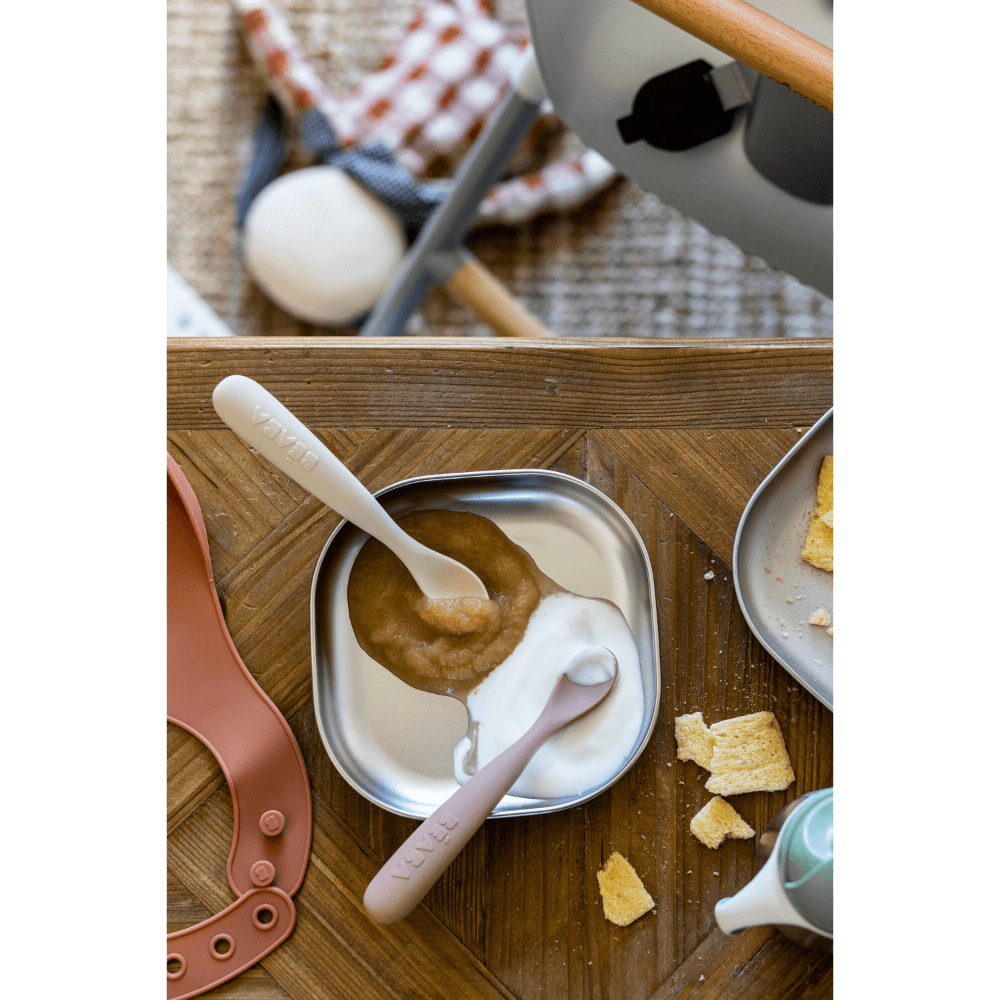 Beaba 1st Stage Soft Silicone Spoon - Set of 2, Baby Led Weaning Self Feeding Training Spoon with Ultra Soft Tip, Gum Friendly, Ergonomic Handles, Easy to clean, BPA Free, 4m+