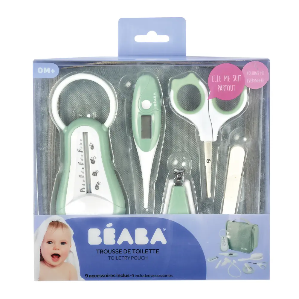 Beaba 9 Baby Toiletry & Grooming Essentials, Includes Thermometer, Hairbrush, Nail Clippers, Nasal Aspirator, Gum Massaging Toothbrush, Teether Baby Scissors, Bath Thermometer, Nail File, and Multi-Compartment Travel Pouch
