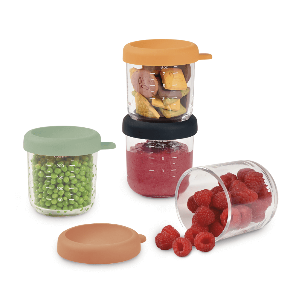 Beaba Glass Storage Container - Ideal Airtight Container for Storing Baby Snacks and Meals with Graduation Measuring Scale, Heat, Freeze, Sterilization, and Microwave Safe, 250ML, Set of 4, Sunrise