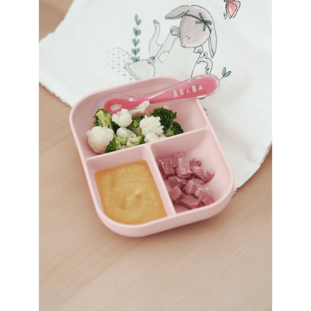 Beaba Silicone 2 Piece Meal Set – Suction Divided Plate & 2nd Stage Silicone Spoon, Non-Slip, Unbreakable, Easy to Clean, BPA-Free Baby Feeding Set for Mess-Free Mealtime Essentials, 4M+