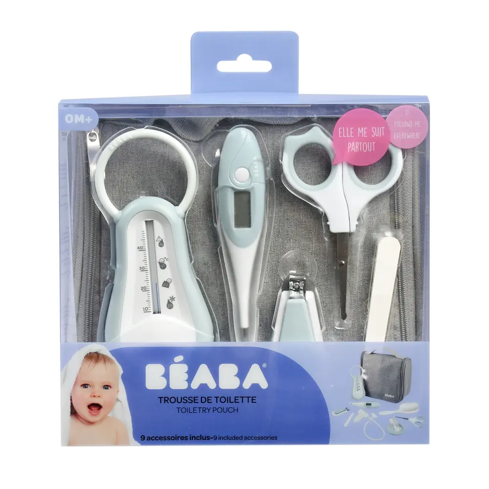 Beaba 9 Baby Toiletry & Grooming Essentials, Includes Thermometer, Hairbrush, Nail Clippers, Nasal Aspirator, Gum Massaging Toothbrush, Teether Baby Scissors, Bath Thermometer, Nail File, and Multi-Compartment Travel Pouch