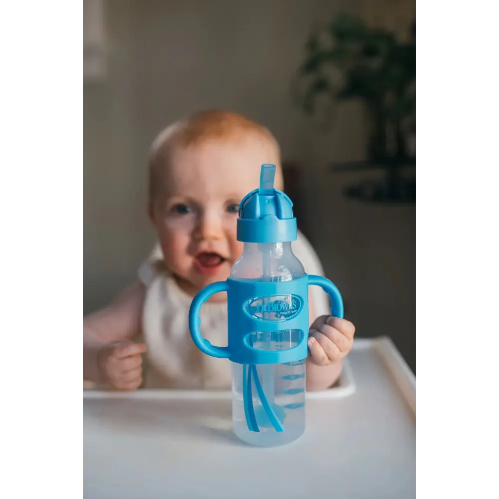 Dr. Brown's 8 oz/250 mL Narrow Sippy Straw Bottles w/ Silicone Handles, Gray & Blue, 2-Pack