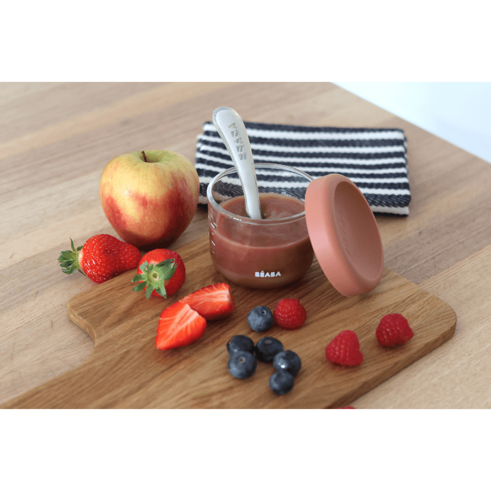 Beaba Glass Storage Container - Ideal Airtight Container for Storing Baby Snacks and Meals with Graduation Measuring Scale, Heat, Freeze, Sterilization, and Microwave Safe, 150ML