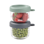 Beaba Glass Storage Jar - Airtight Container for Storing Baby Snacks and Meals with Graduation Measuring Scale, Heat, Freeze, Sterilization and Microwave Safe, 150ML, Set of 2, Sage Green & Mineral