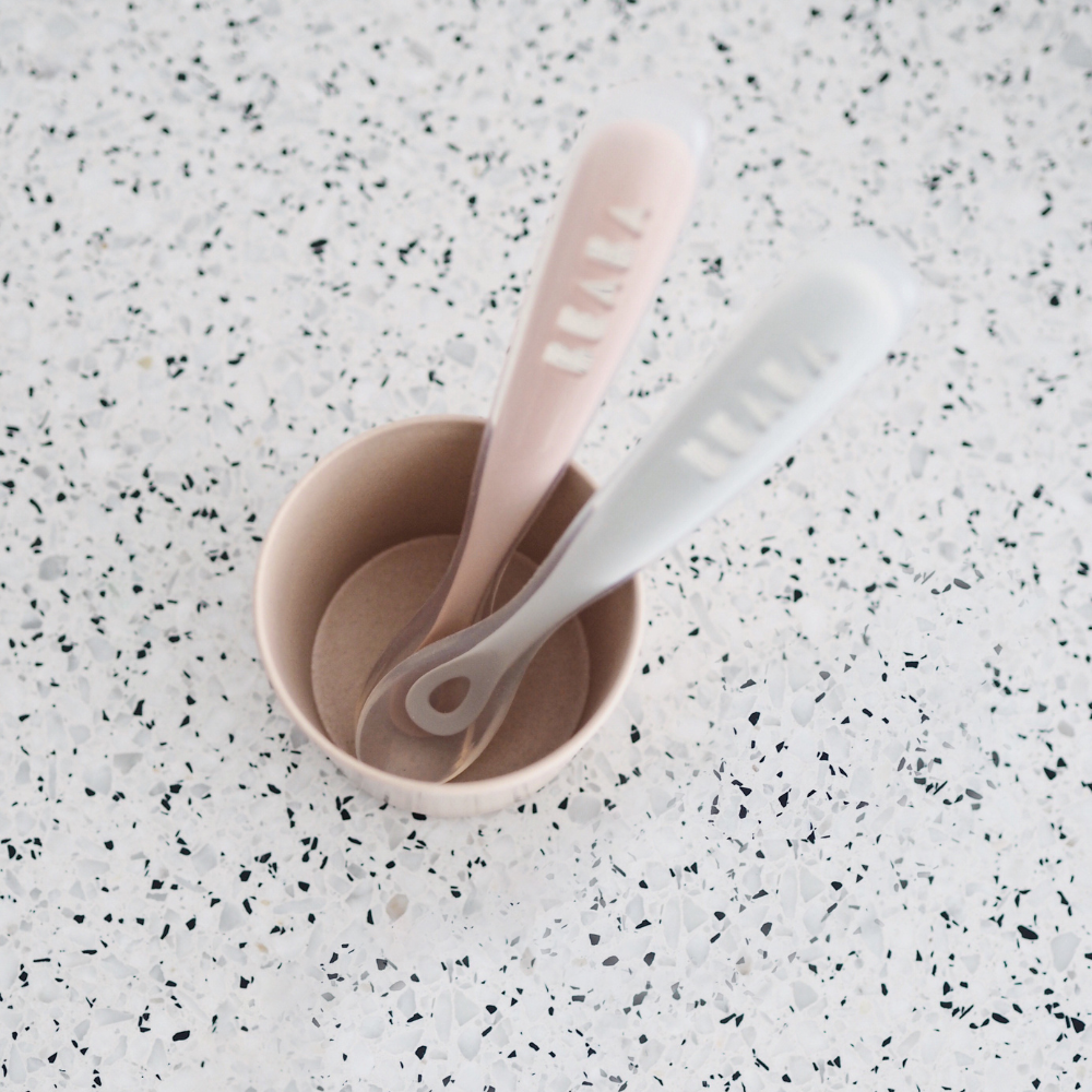 Beaba 1st Stage Silicone Spoon - Set of 2, Baby Led Weaning Self Feeding Training Spoon with Ultra Soft Tip, Gum Friendly, Ergonomic Handles, BPA Free, 4m+