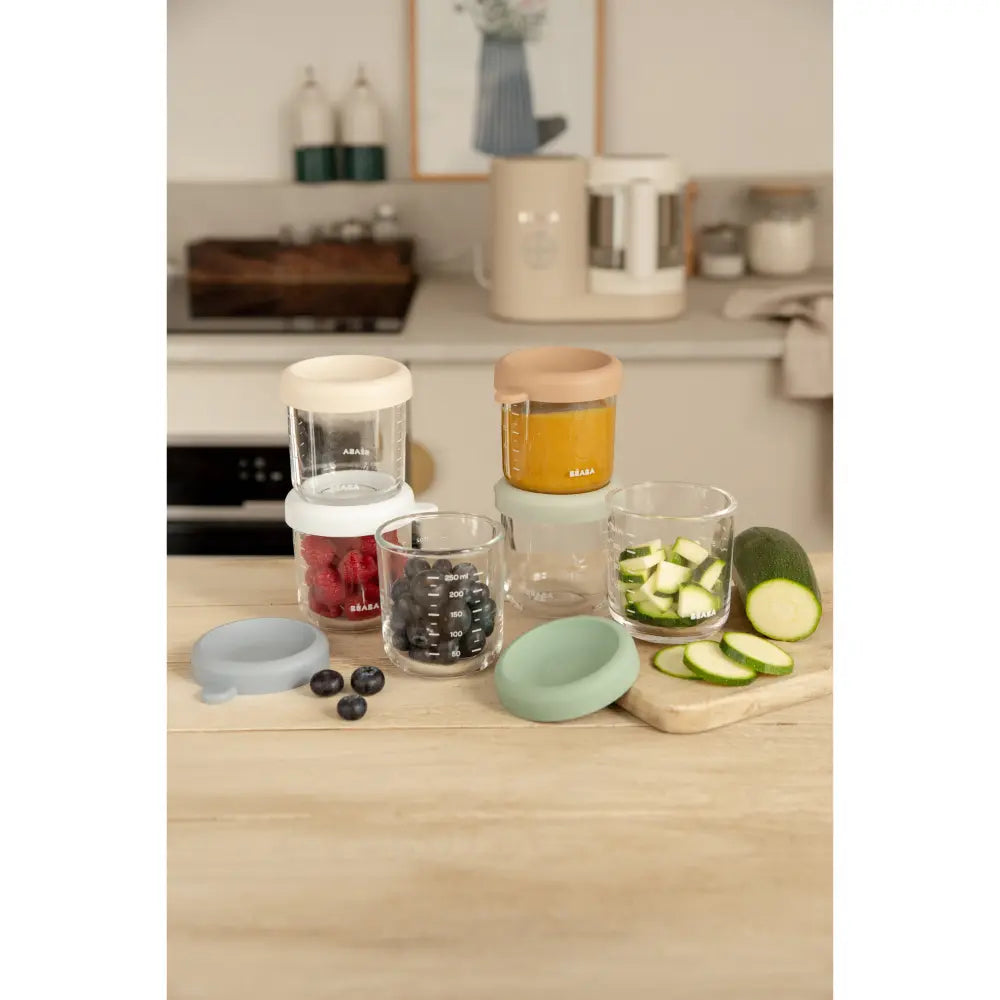 Beaba Glass Storage Container - Ideal Airtight Container for Storing Baby Snacks and Meals with Graduation Measuring Scale, Heat, Freeze, Sterilization, and Microwave Safe, 250ML, Set of 6