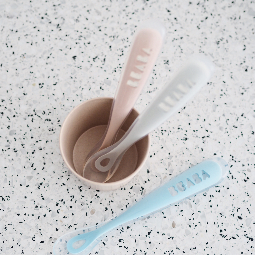 Beaba 1st Stage Silicone Spoon - Set of 2, Baby Led Weaning Self Feeding Training Spoon with Ultra Soft Tip, Gum Friendly, Ergonomic Handles, BPA Free, 4m+