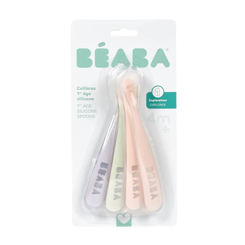 Beaba 1st Stage Silicone Spoon - Set of 4, Baby Led Weaning Self Feeding Training Spoon with Ultra Soft Tip, Gum Friendly, Ergonomic Handles, BPA Free, 4m+