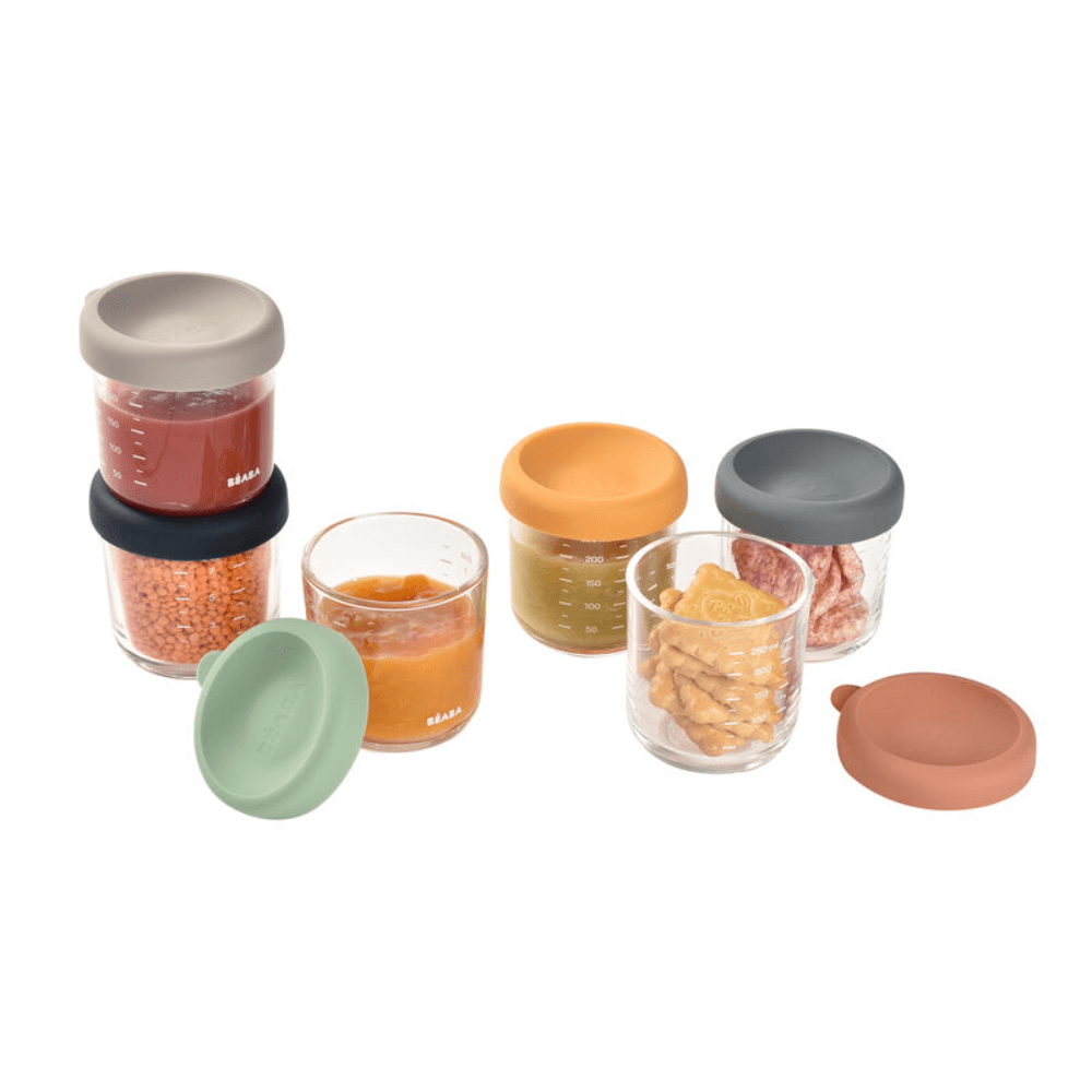 Beaba Glass Storage Container - Ideal Airtight Container for Storing Baby Snacks and Meals with Graduation Measuring Scale, Heat, Freeze, Sterilization, and Microwave Safe, 250ML, Set of 6