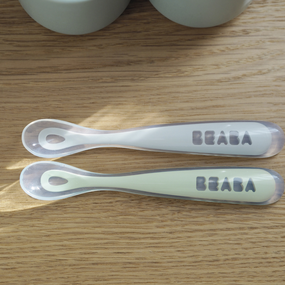 Beaba 1st Stage Silicone Spoon - Set of 2, Baby Led Weaning Self Feeding Training Spoon with Ultra Soft Tip, Gum Friendly, Ergonomic Handles, BPA Free, 4m+