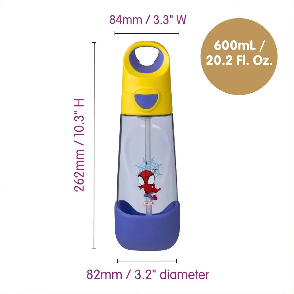 B.Box Marvel Spiderman Tritan Straw Water Bottle for Kids – 600ml, Durable & Spill-Proof, BPA-Free, Easy Grip Design – Multicolour