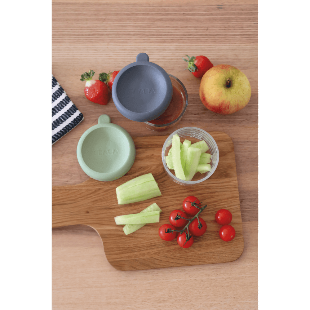 Beaba Glass Storage Jar - Airtight Container for Storing Baby Snacks and Meals with Graduation Measuring Scale, Heat, Freeze, Sterilization and Microwave Safe, 150ML, Set of 2, Sage Green & Mineral