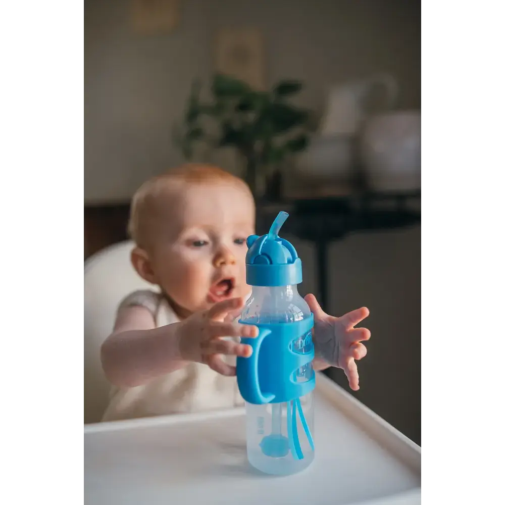 Dr. Brown's 8 oz/250 mL Narrow Sippy Straw Bottles w/ Silicone Handles, Gray & Blue, 2-Pack