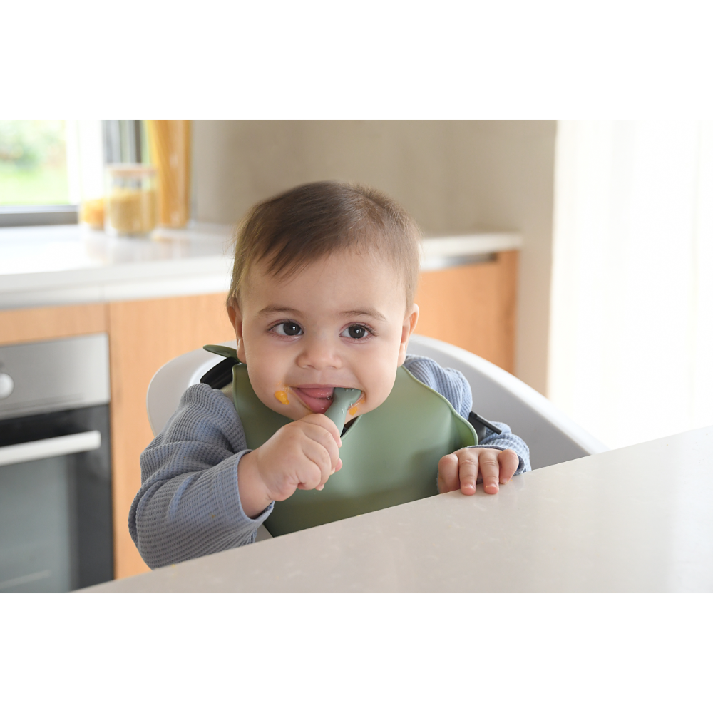 Beaba Set of 2 Silicone Pre-Feeding Spoons for Baby and Infants - Textured Tip + Flat Tip, Gentle on Gums, Short and Round Ergonomic Handle, Soft Food Grade Silicone, 4m+