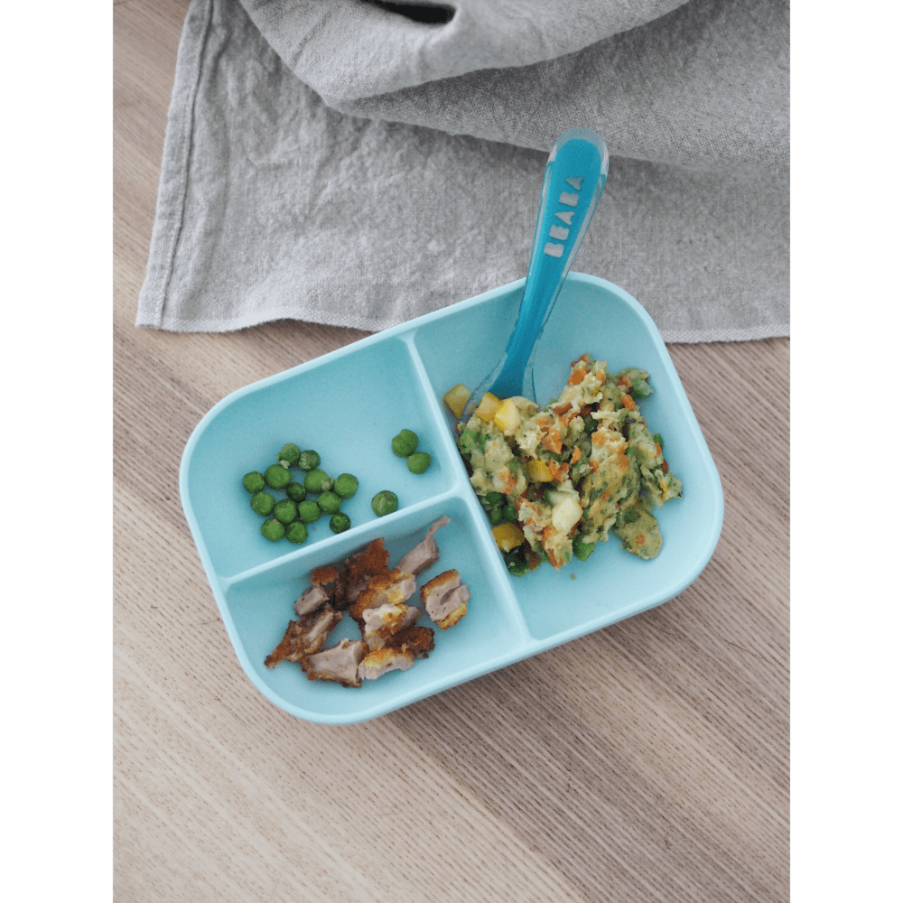 Beaba Silicone 2 Piece Meal Set – Suction Divided Plate & 2nd Stage Silicone Spoon, Non-Slip, Unbreakable, Easy to Clean, BPA-Free Baby Feeding Set for Mess-Free Mealtime Essentials, 4M+