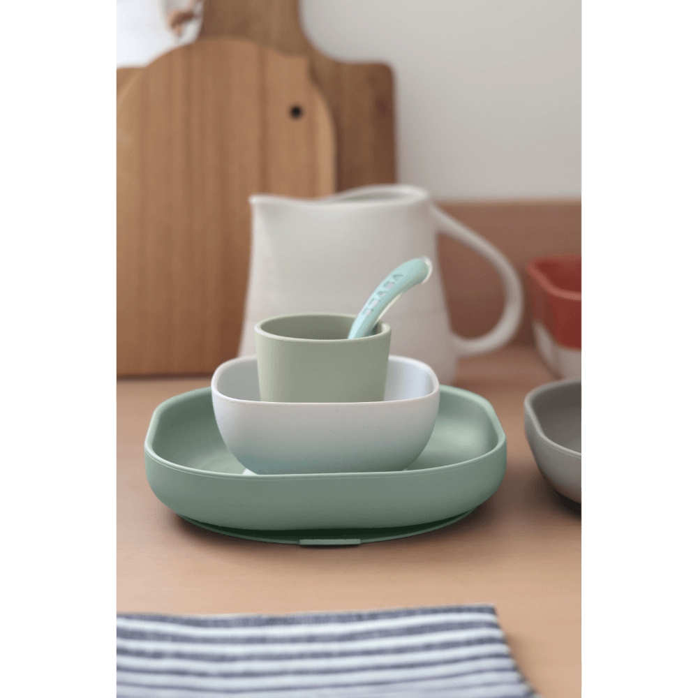 Beaba Silicone 4 Piece Baby Meal Set – Suction Plate, Suction Bowl, Anti-Slip Cup & 2nd Stage Spoon, Non-Slip, Unbreakable, Easy to Clean, BPA-Free Baby Feeding Set for Mess-Free Mealtime Essentials, 4M+