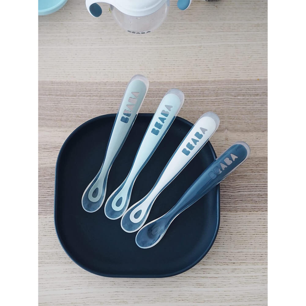 Beaba 1st Stage Silicone Spoon - Set of 4, Baby Led Weaning Self Feeding Training Spoon with Ultra Soft Tip, Gum Friendly, Ergonomic Handles, BPA Free, 4m+