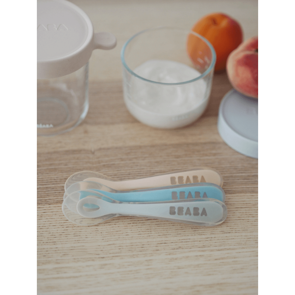 Beaba 2nd Stage Silicone Spoon - Baby Led Weaning Self Feeding Training Spoon with Ultra Soft Tip, Gum Friendly, Ergonomic Handles, BPA Free, 8m+