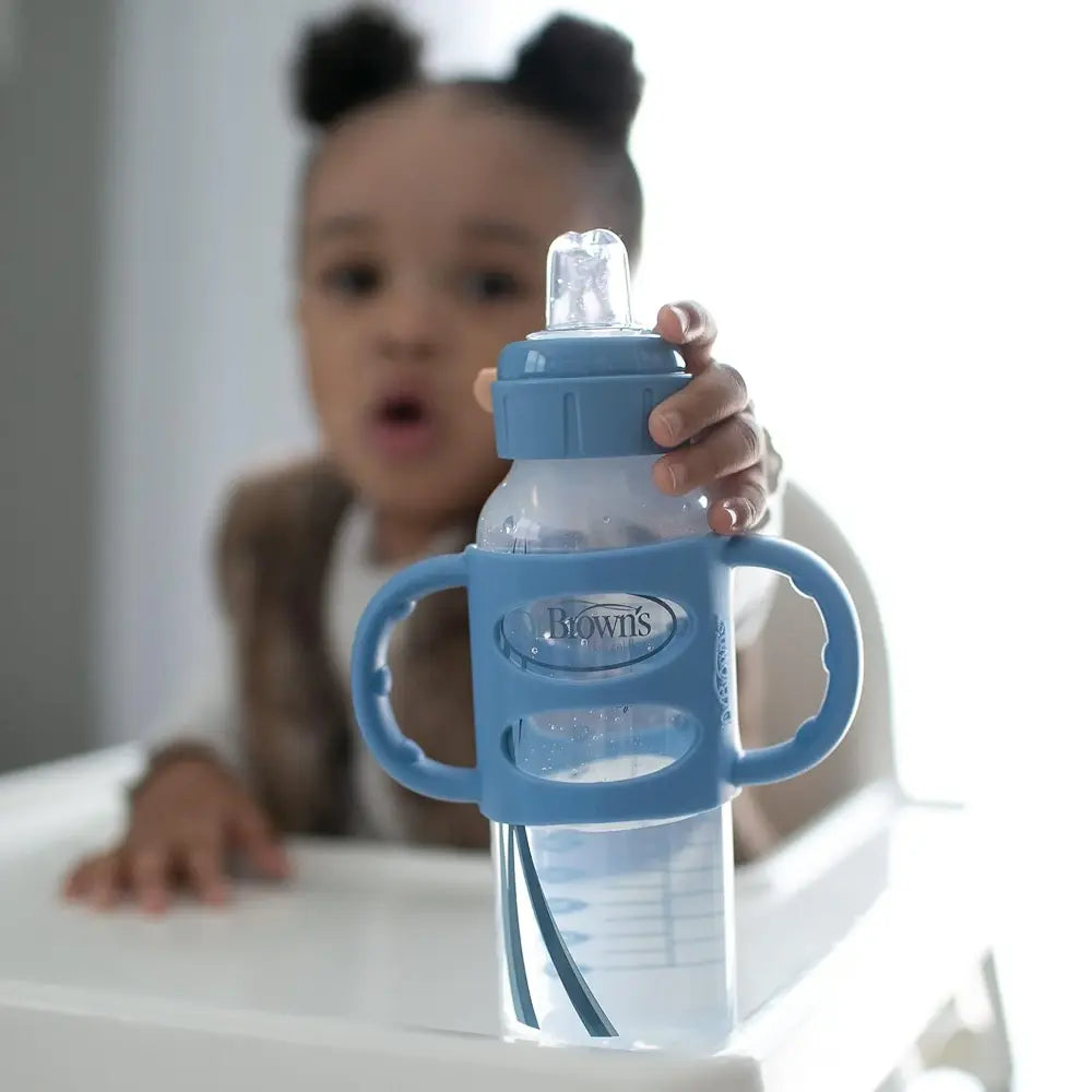 Dr. Brown's 8 oz/250 mL Narrow Sippy Spout Bottle w/ Silicone Handles, Lt Blue & Lt Gray, 2-Pack