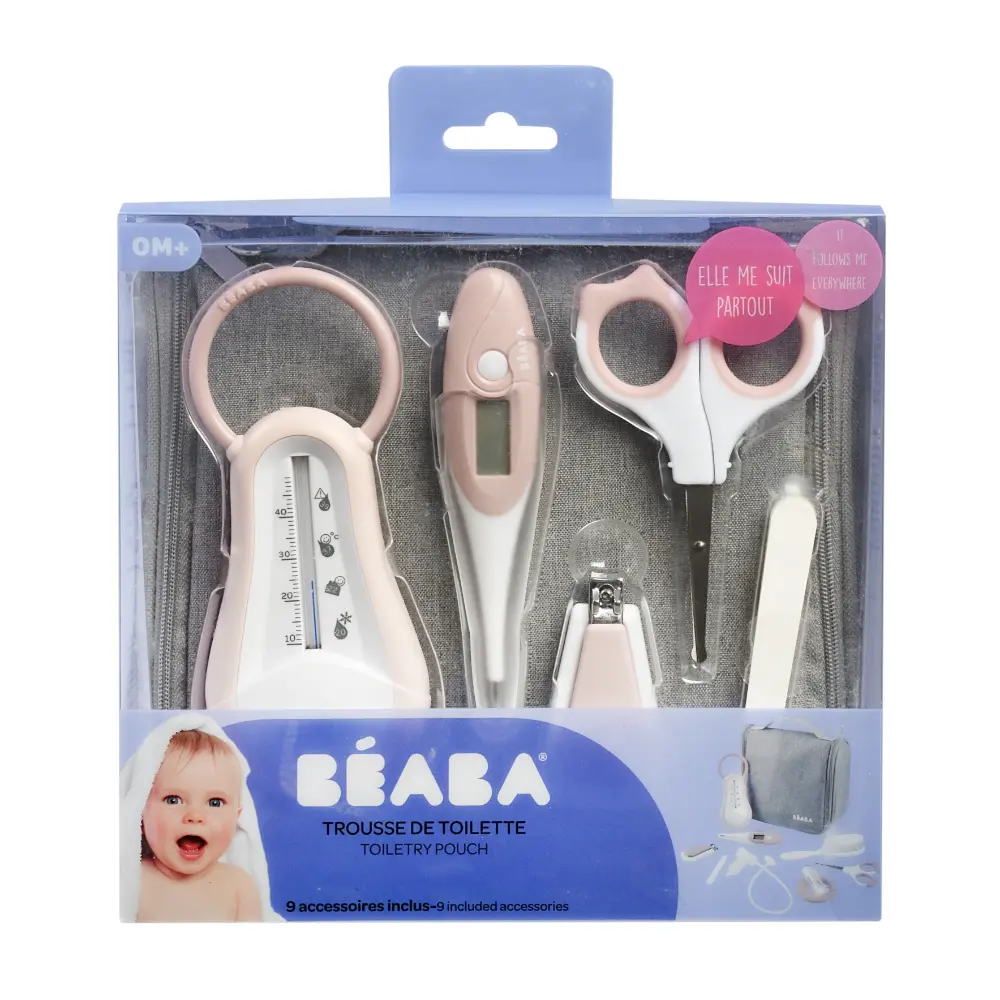 Beaba 9 Baby Toiletry & Grooming Essentials, Includes Thermometer, Hairbrush, Nail Clippers, Nasal Aspirator, Gum Massaging Toothbrush, Teether Baby Scissors, Bath Thermometer, Nail File, and Multi-Compartment Travel Pouch