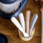 Beaba 1st Stage Silicone Spoon - Set of 4, Baby Led Weaning Self Feeding Training Spoon with Ultra Soft Tip, Gum Friendly, Ergonomic Handles, BPA Free, Natural, 4m+