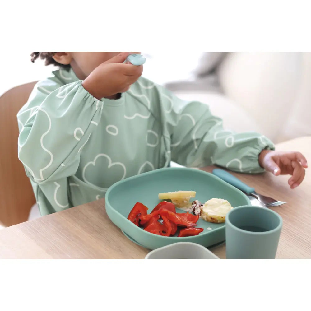 Beaba 2-in-1 Waterproof Bib with Detachable Sleeves, Foldable Food Catcher Pocket, Adjustable Snap Fit & Elastic Cuffs, Soft & Easy-Clean Bib for Feeding & Activities, 4M+