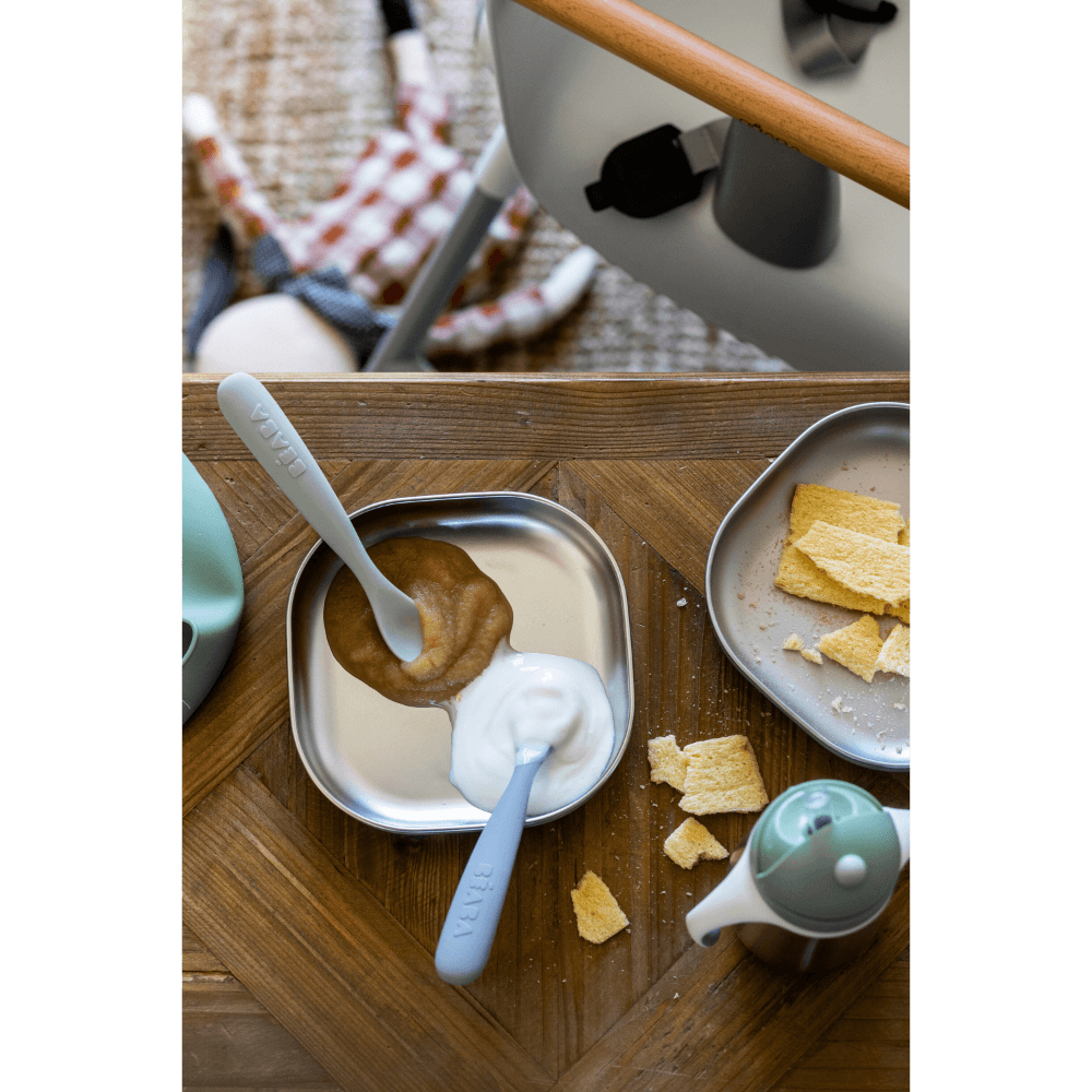 Beaba 1st Stage Soft Silicone Spoon - Set of 2, Baby Led Weaning Self Feeding Training Spoon with Ultra Soft Tip, Gum Friendly, Ergonomic Handles, Easy to clean, BPA Free, 4m+