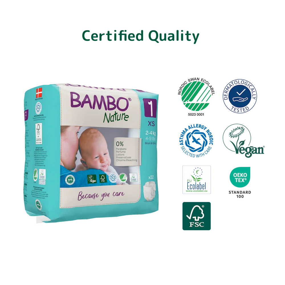 Bambo Nature Premium Baby Tape Diapers for New Born Baby, XS Size (2-4 Kgs) - Super Absorbent, Breathable, Extra Soft, Dermatologically Tested, Hypoallergenic Nappies With A Wetness Indicator, 22 Count