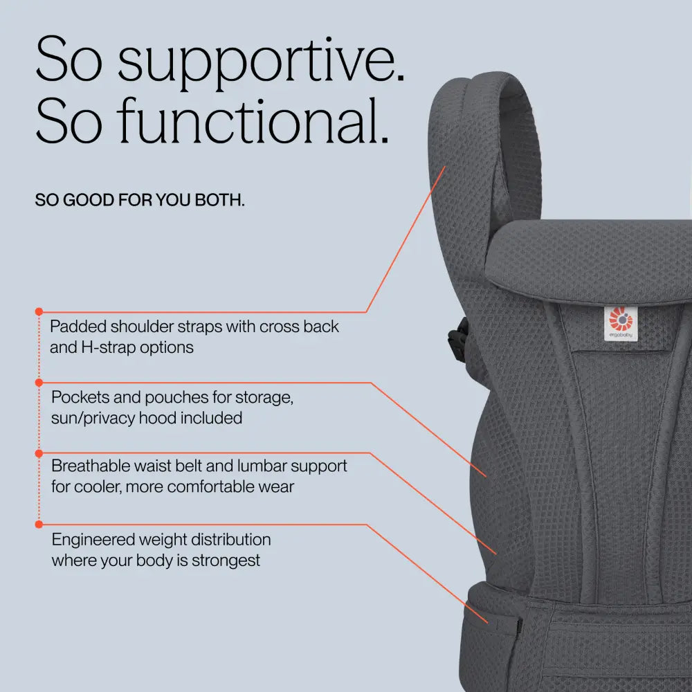 Ergobaby Omni Deluxe Baby Carrier, Lightweight Breathable Soft Mesh, Enhanced Lumbar Support, Adjustable Waistbelt & Cross Straps, Privacy Hood, 4 Carry Positions, 6 Storage Pockets, 3-20Kgs, 0-4 years, Graphite Grey