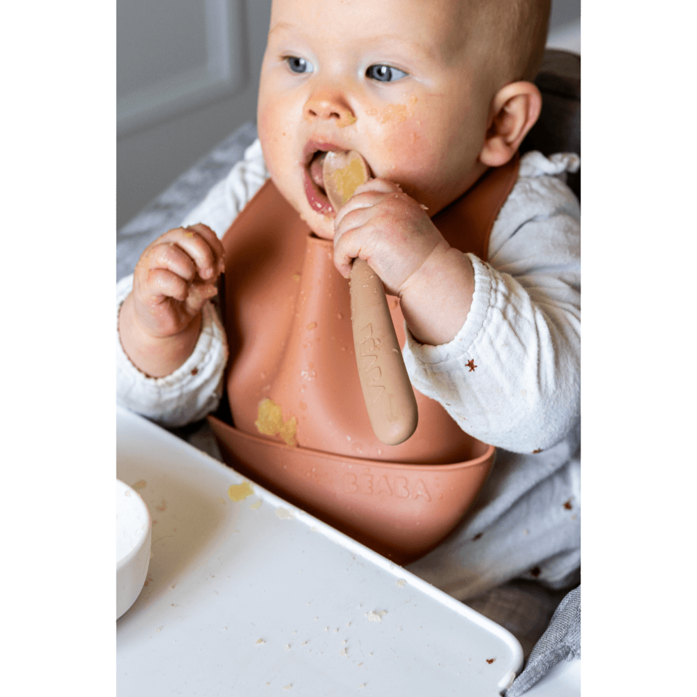 Beaba 1st Stage Soft Silicone Spoon - Set of 2, Baby Led Weaning Self Feeding Training Spoon with Ultra Soft Tip, Gum Friendly, Ergonomic Handles, Easy to clean, BPA Free, 4m+
