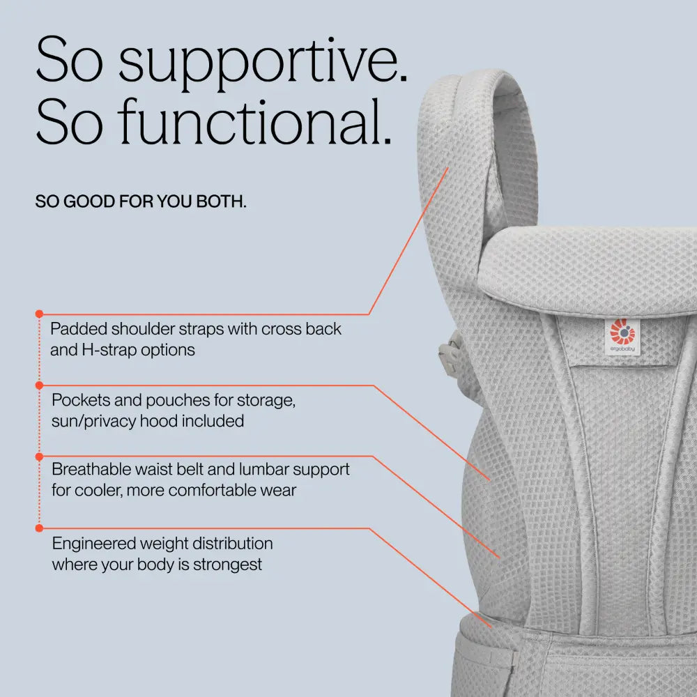 Ergobaby Omni Deluxe Baby Carrier, Lightweight Breathable Soft Mesh, Enhanced Lumbar Support, Adjustable Waistbelt & Cross Straps, Privacy Hood, 4 Carry Positions, 6 Storage Pockets, 3-20Kgs, 0-4 years, Pearl  Grey