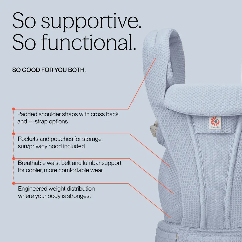 Ergobaby Omni Deluxe Baby Carrier, Lightweight Breathable Soft Mesh, Enhanced Lumbar Support, Adjustable Waistbelt & Cross Straps, Privacy Hood, 4 Carry Positions, 6 Storage Pockets, 3-20Kgs, 0- 4 years, Serene Blue