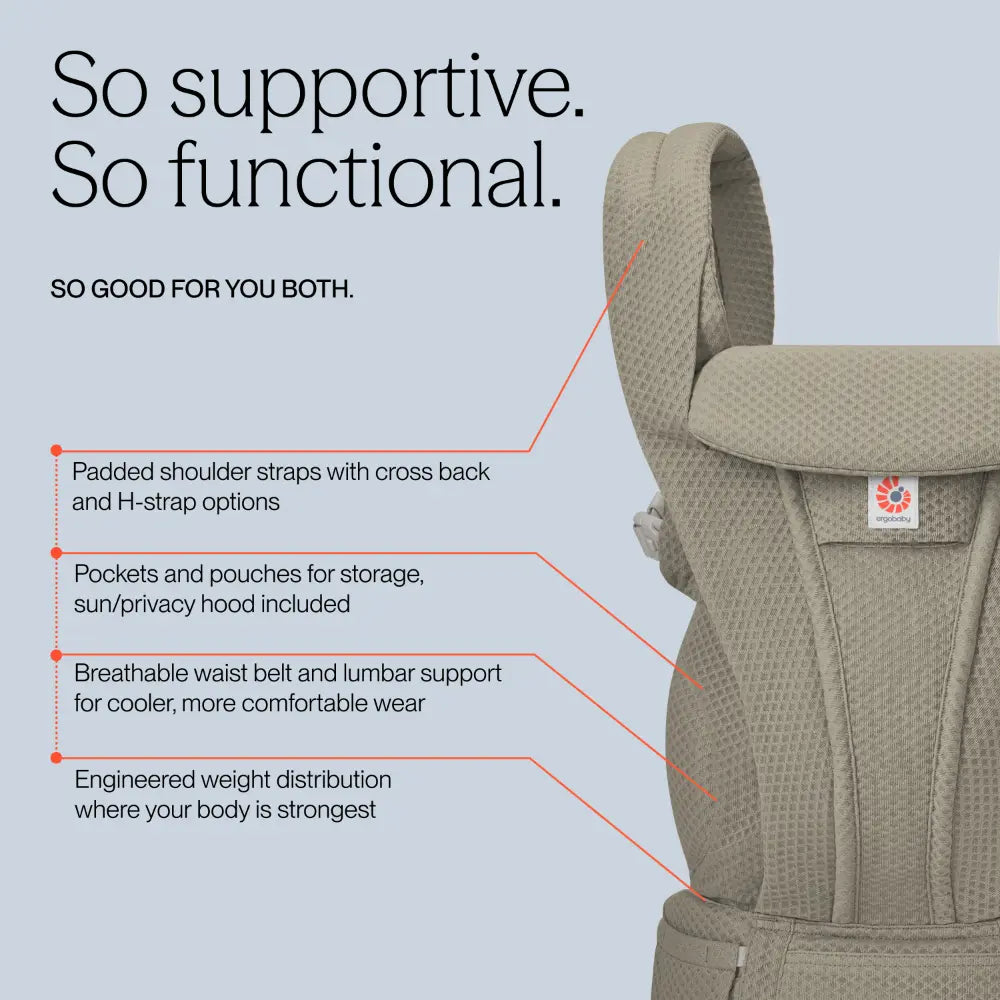 Ergobaby Omni Deluxe Baby Carrier, Lightweight Breathable Soft Mesh, Enhanced Lumbar Support, Adjustable Waistbelt & Cross Straps, Privacy Hood, 4 Carry Positions, 6 Storage Pockets, 3-20Kgs, 0-4 years, Soft Olive