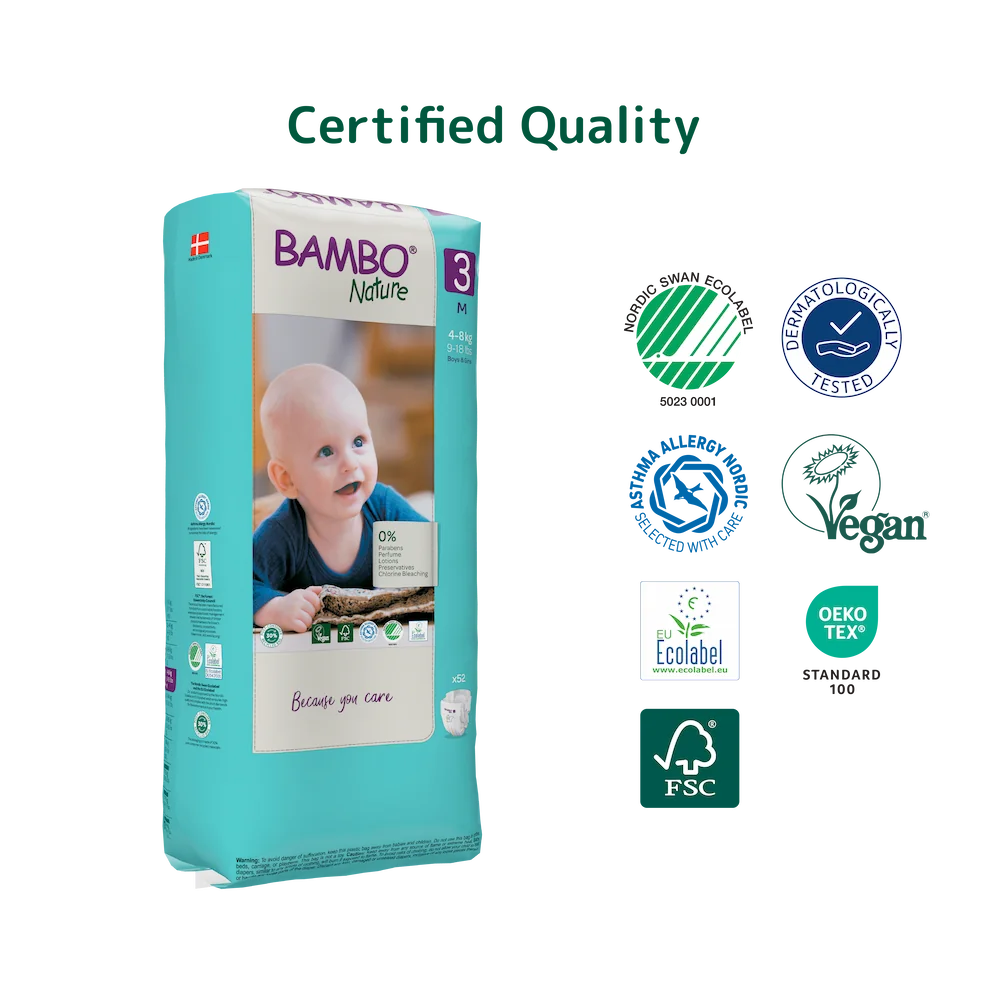 Bambo Nature Premium Baby Tape Diapers for Babies, Medium Size (4-8 Kgs), Super Absorbent, Breathable, Extra Soft, Dermatologically Tested, Hypoallergenic Infant Nappies With Wetness Indicator