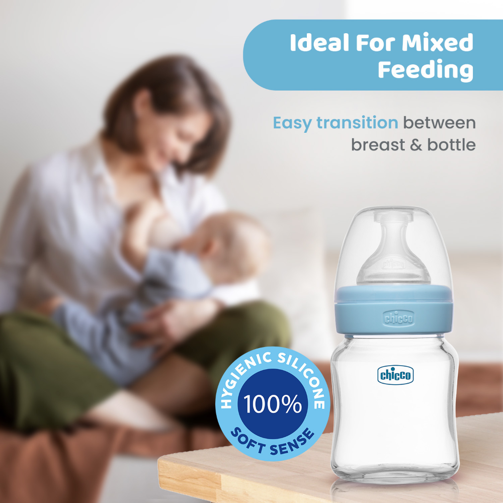 Chicco Well-Being Glass Feeding Bottle (120ml, Slow Flow) - Blue