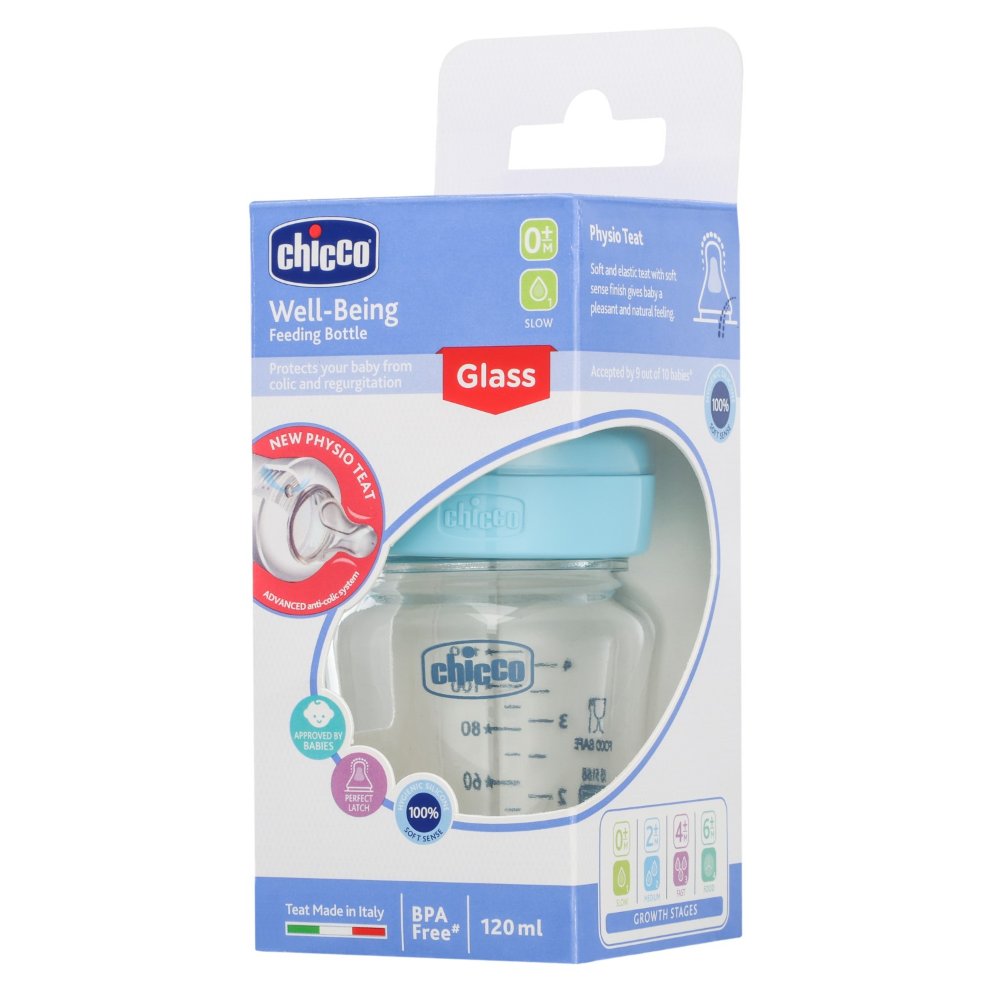 Chicco Well-Being Glass Feeding Bottle (120ml, Slow Flow) - Blue